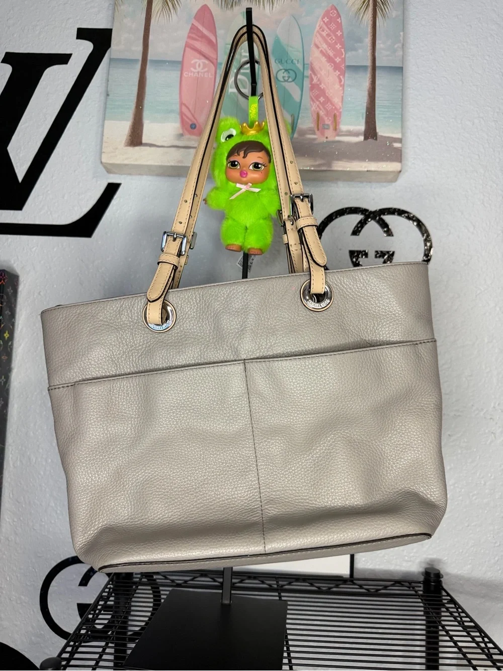 Michael Kors Pebbled Leather Tote Bag in Light Gray with Beige Handles